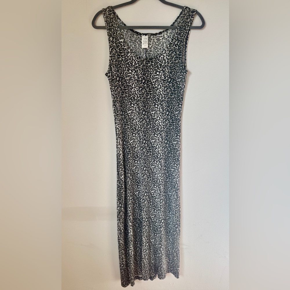 Vintage 90s Leopard Print Tank Sleeveless Maxi Dress Sheer Stretchy